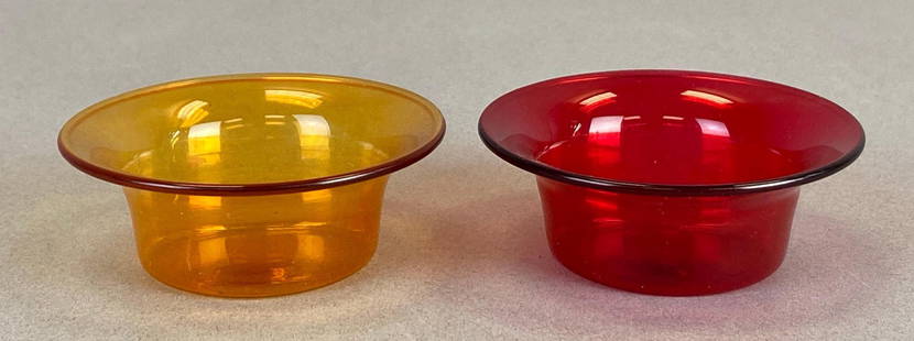 Group of 2 Mid-Century Modern Colored Glass Tea Light Holders: each measures 2 3/4 x 1 inches