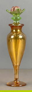 Antique Iridescent Yellow Carnival Art Glass Perfume Bottle: Features Vaseline Glass Flower Stopper, glows under UV Light, measures 7 x 2 x 2 inches