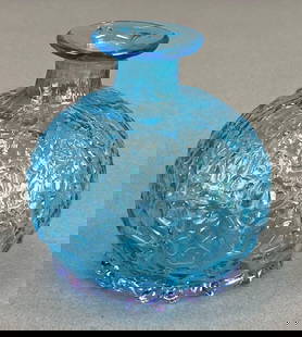 Mid-Century Modern Textured Blue Art Glass Bud Vase: features applied purple glass base, Pontil mark faintly present, measures 2 3/4 x 2 3/4 inches