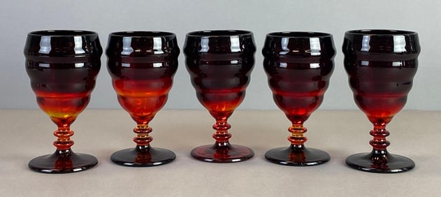 Group of 5 Mid-Century Modern Amberina Ribbed Pressed Art Glass Goblets