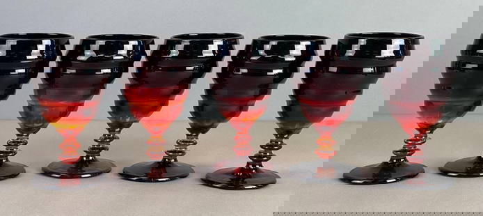 Group of 5 Mid-Century Modern Amberina Ribbed Pressed Art Glass Goblets: Each measures 5 1/2 x 3 1/2 inches
