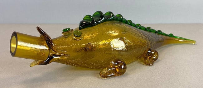 Mid-Century Modern Yellow Crackle Art Glass Alligator Decanter