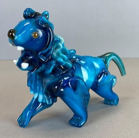 Mid-Century Modern Murano Style Blue White Black Art Glass Lion