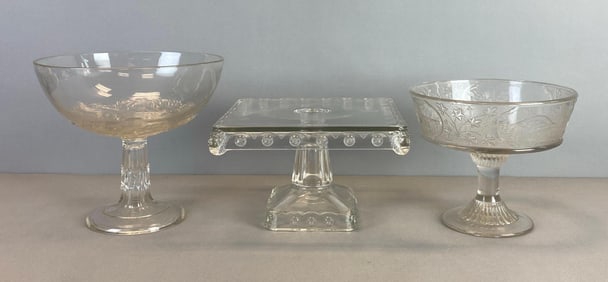 Group of Pressed Glass Serving Bowls and Cake Tray with Lions Head Motif