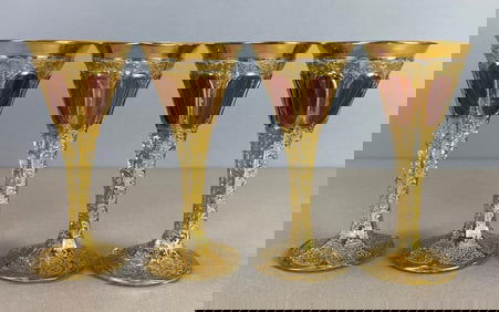 Group of 4 Antique Moser Bohemian Hand Painted Paneled Goblets