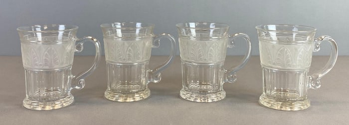 Group of 4 Floral Frosted Band Pressed Glass Mugs