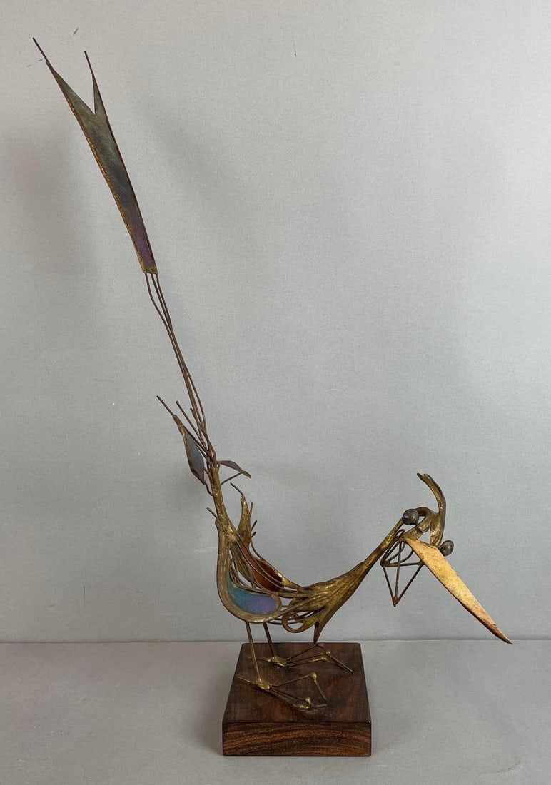Brutalist Copper and Brass Bird Sculpture: Wood base, measures 19 1/2 x 8 x 12 inches