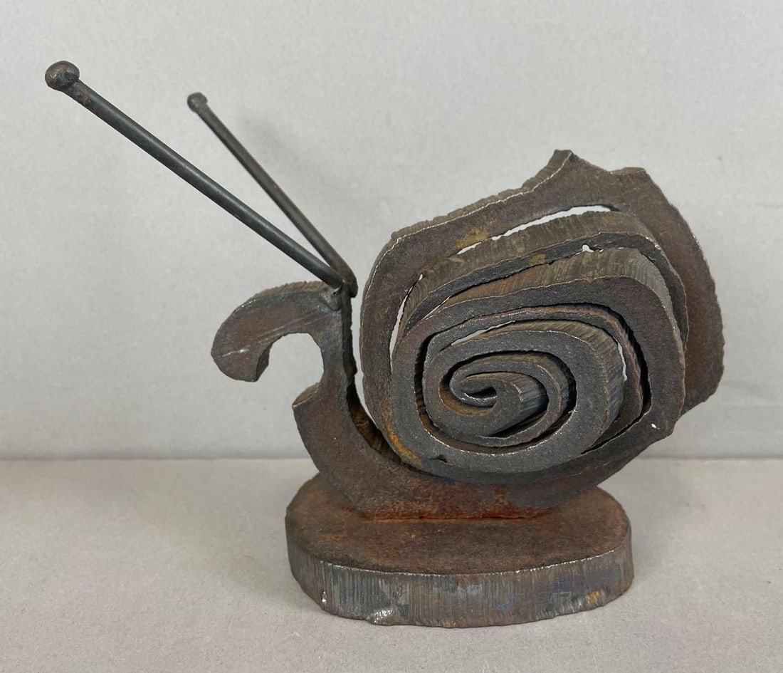 Brutalist Metal Snail Sculpture: Measures 6 x 7 x 5 inches