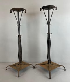 Pair of Antique Wrought Iron Floor Candlesticks