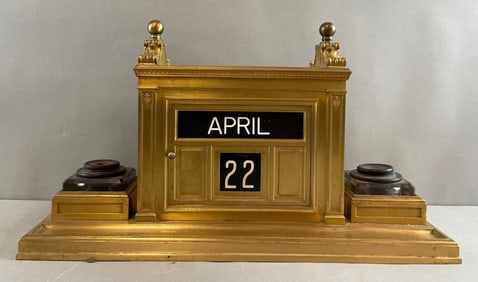 Art Deco Brass Bank Lobby Calendar / Ink Well