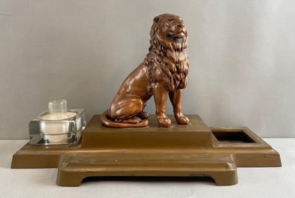 Art Deco Bronze Lion Ink Well Desk Set