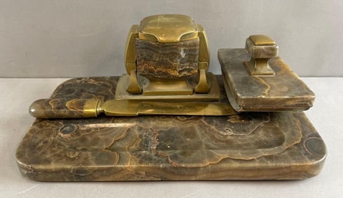 Art Deco Marble and Brass Desk Set
