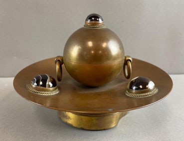 Arts and Crafts English Bronze Banded Agate Inkwell