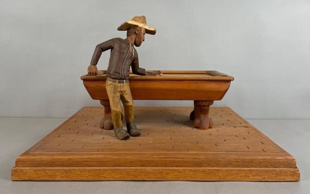 Artist Signed Folk Art Carved Wood Pool Player