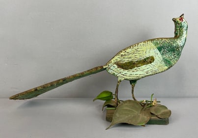 Vintage Folk Art Hand-Painted Wood Pheasant