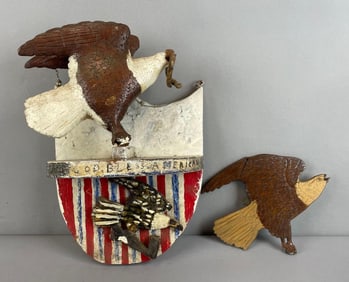 Group of 2 Vintage Carved Wood Patriotic Eagle Plaques