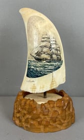 Signed C. Lehwalder Tall Ship Faux Scrimshaw Whale Tooth