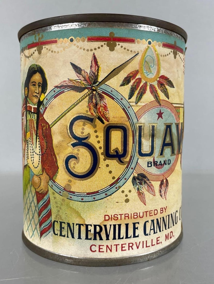 Vintage Squaw Choice Sifted Peas Advertising Tin Can: Measures 4 x 3 1/4 inches