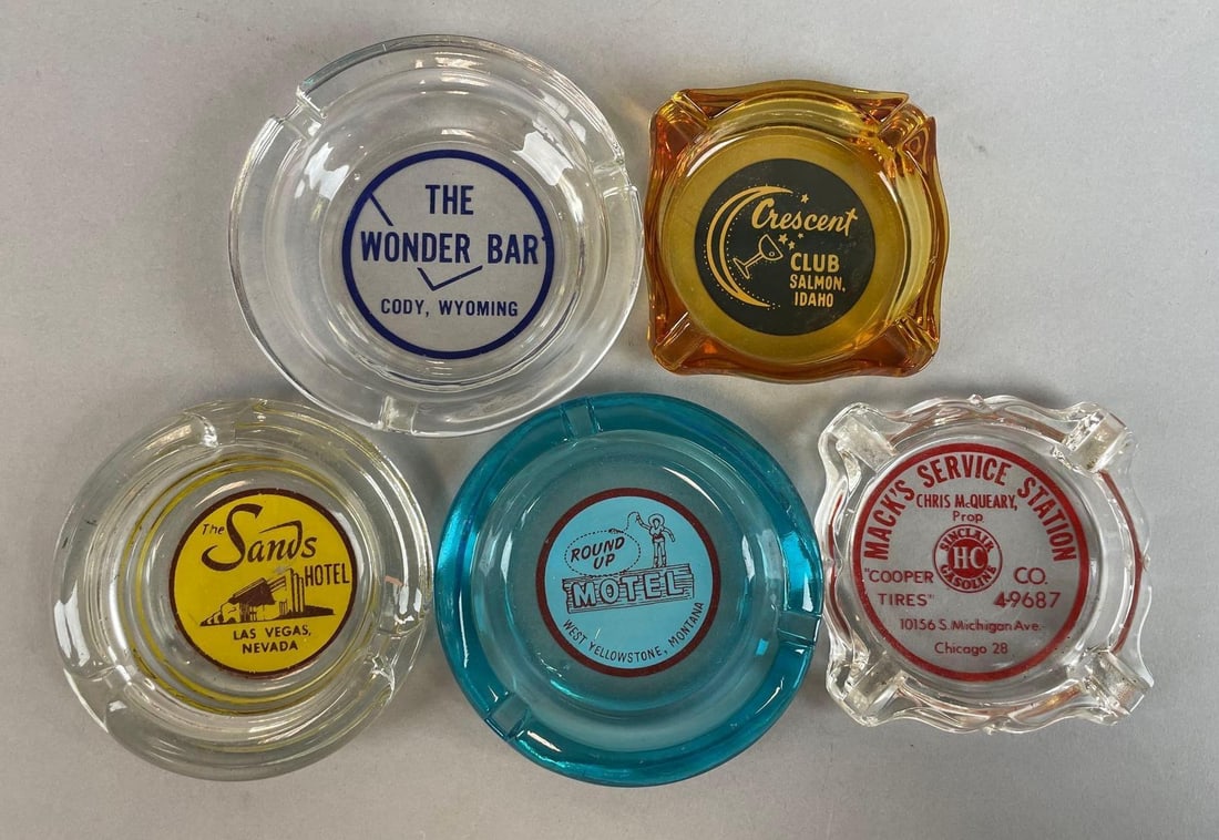 Group of Glass Advertising Ashtrays: Includes sands hotel las Vegas. Largest measures 4 1/2 inches