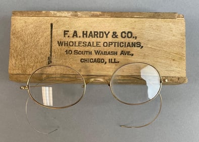 Antique Wire Eyeglasses with Wood Advertising Case