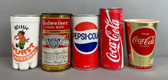 Group of Vintage Soda and Beer Advertising Cans and More