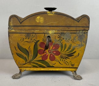 Rare Antique Yellow Toleware Locking Tea Caddy/Sugar Cabinet