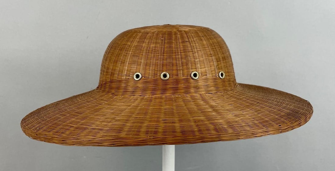 Vintage Woven Grass Sun Hat: Does not include stand. Fits small. Measures 4 3/4 x 14 1/2 x 13 inches