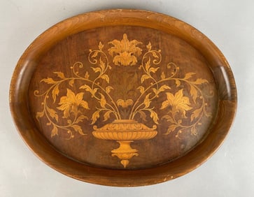 Antique Floral Inlaid Wood Serving Tray