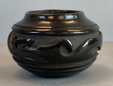 Pueblo Native American Avanyu Blackware Pottery Jar Attributed to Marie Ortiz