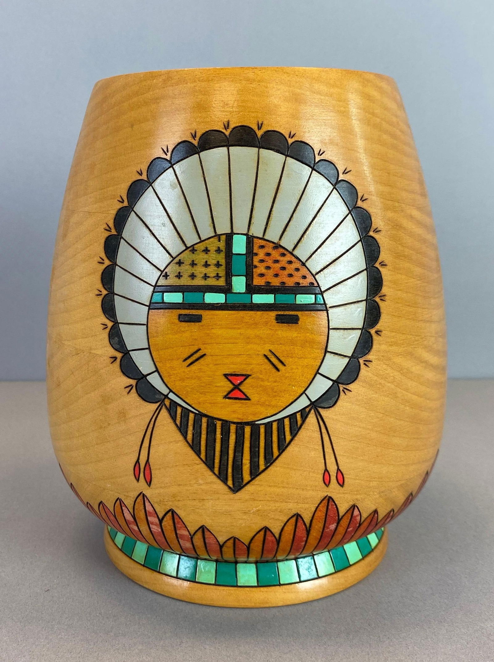 Navajo Native American Incised Hand Painted Wood Vessel: Signed on base, measures 7 3/4 x 6 1/2 x 6 1/2 inches