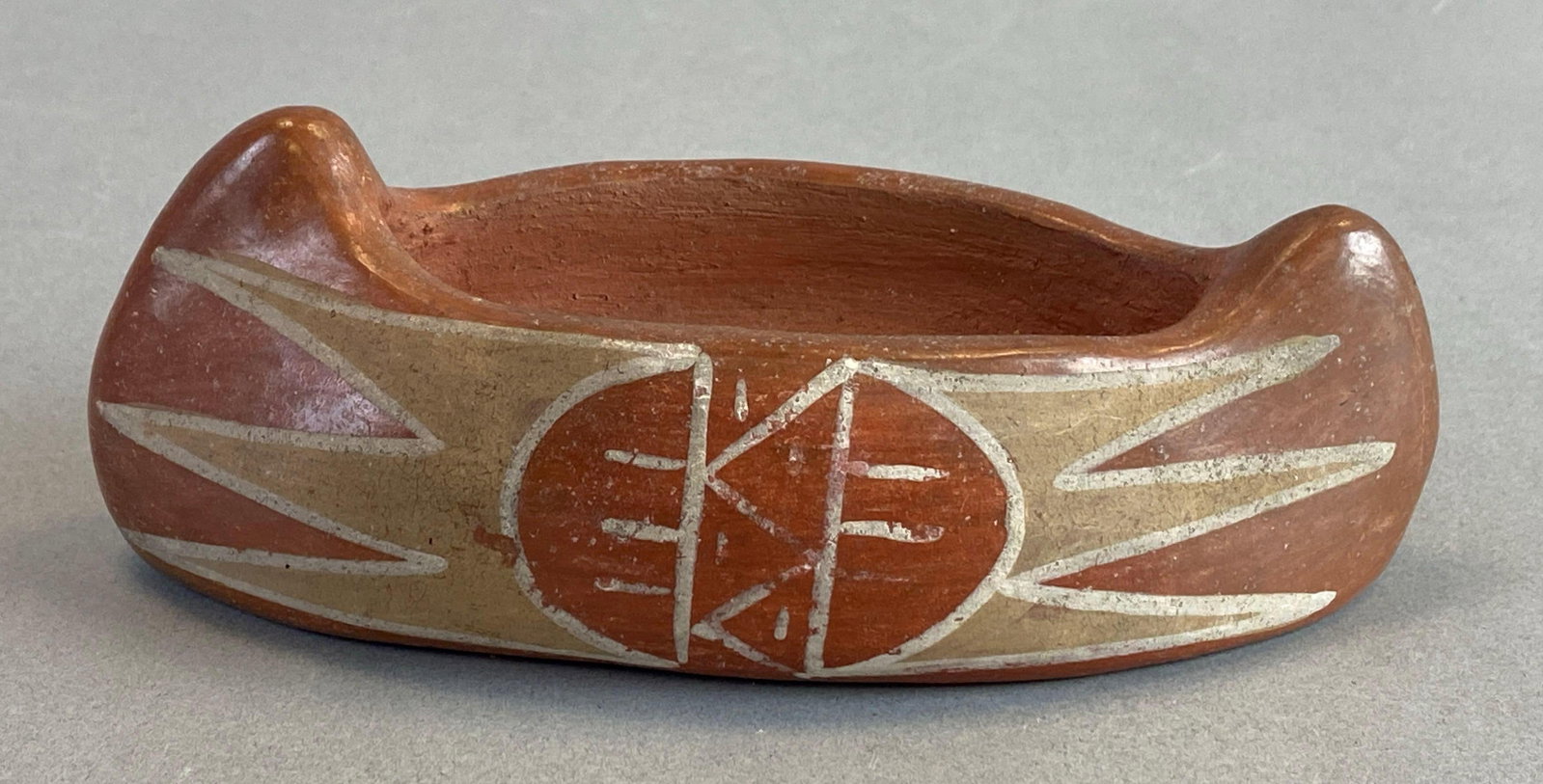 Hand Painted Native American Pottery Canoe: Measures 6 1/2 x 3 x 2 1/2 inches