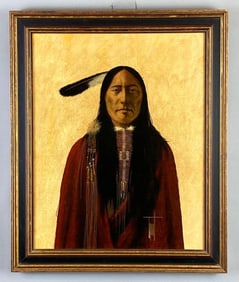 Artist Signed Native American Mans Portrait Oil Painting on Canvas