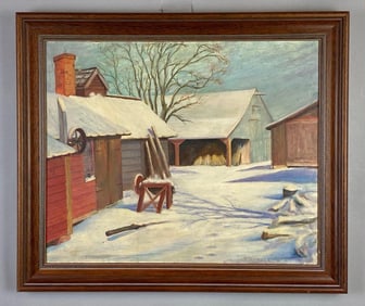 1947 J. Regensburg Snowy Farmstead Oil Paining on Board