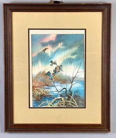 1984 Robert Carver Mallards Landing Watercolor Painting on Paper