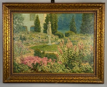 Artist Signed Mansion Garden Oil Painting on Board