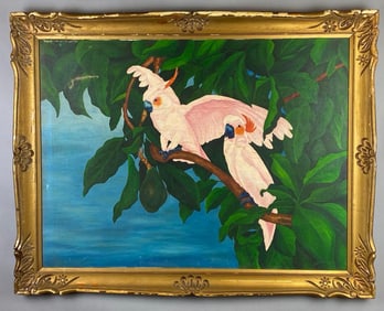 White Cockatoos in and Avocado Tree Oil Painting on Canvas