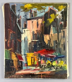 1966 Artist Signed Paris Street Cafe Oil Painting on Canvas