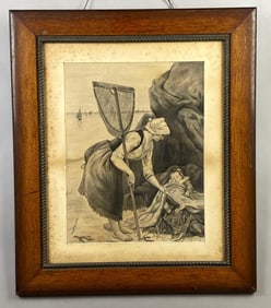 M. Church Fishermans Cradle Charcoal Drawing on Paper