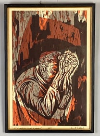 Grant Gildehus Lord Be Merciful To Me, A Sinner Colored Woodblock Litho on Paper