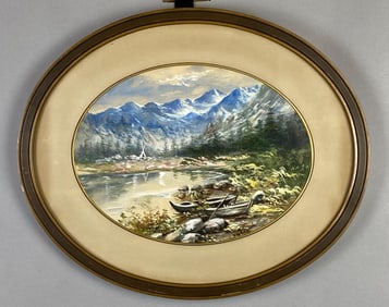 Artist Signed Mountain Lake Landscape Oil Pastel and Watercolor Painting