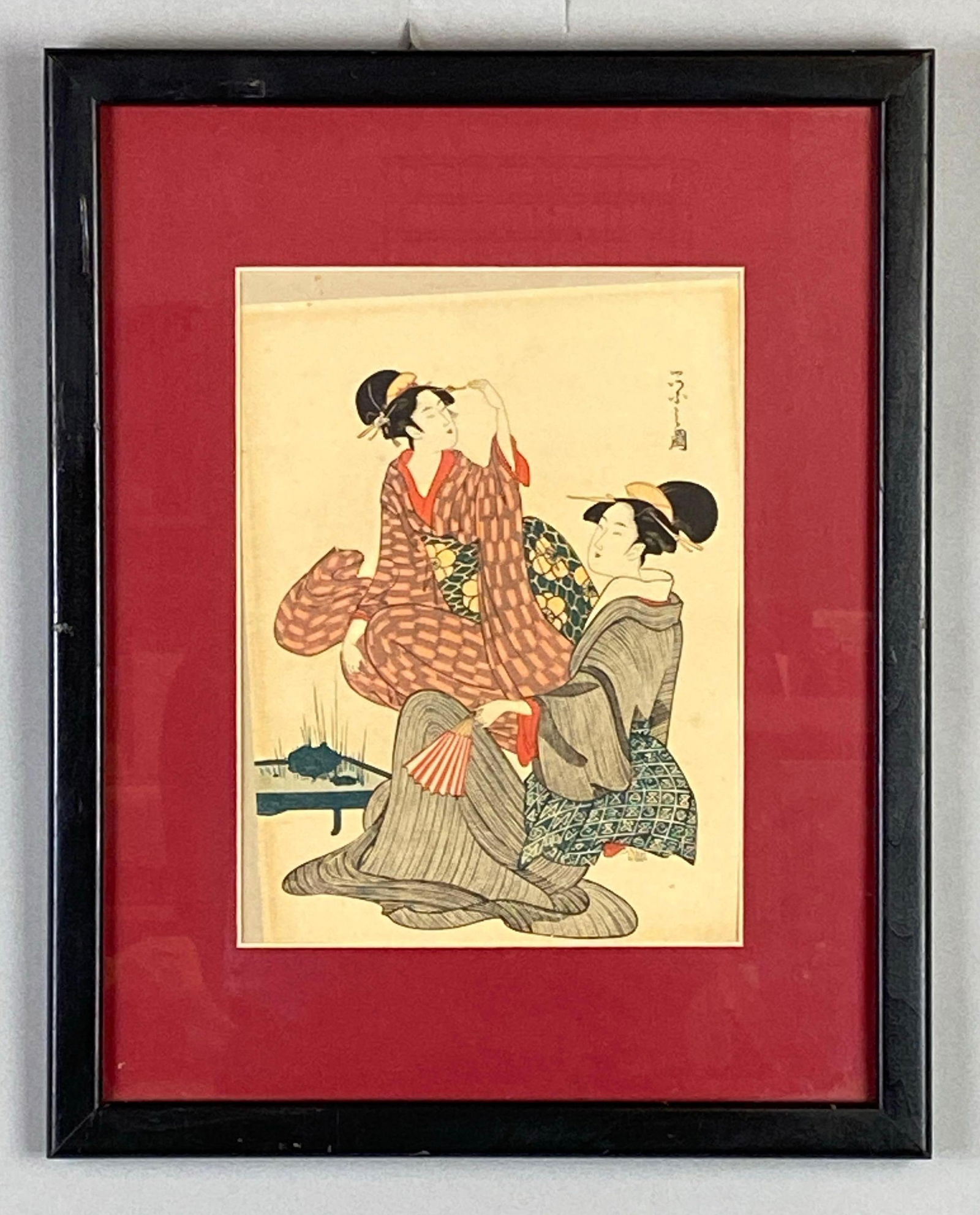 Hosoda Eishi Autumn Moon at Akashi Woodblock Print: Frame measures 15 1/4 x 12 1/4 inches, Woodblock measures 9 x 7 inches.