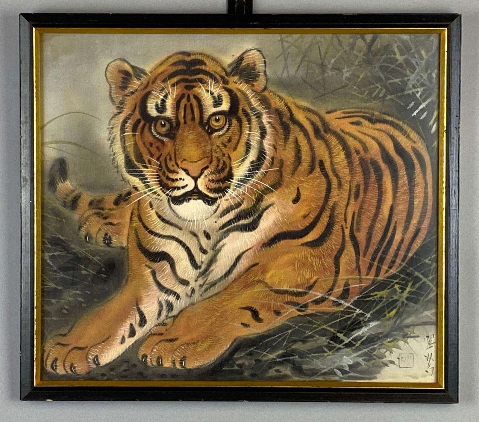 Hand-Painted Tiger on Linen: Artists signature on bottom right corner, Frame measures 15 x 17 inches, Art measures 14 x 16 inches.