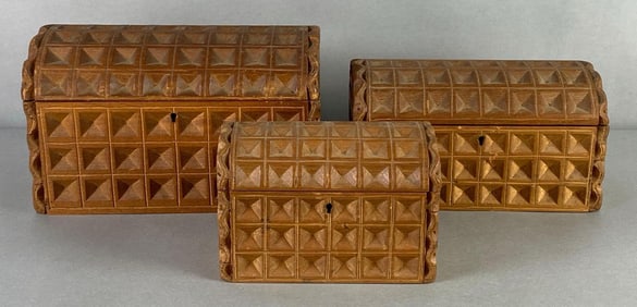 Set of 3 Antique Wood Concave Square Pattern Nesting Boxes