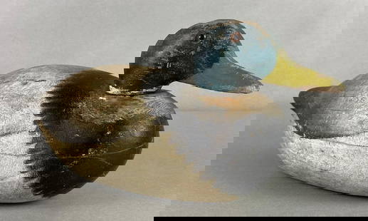 Vintage Wood Mallard Duck Decoy: Missing one eye, Measures 6 1/2 x 15 x 6 1/2 inches.