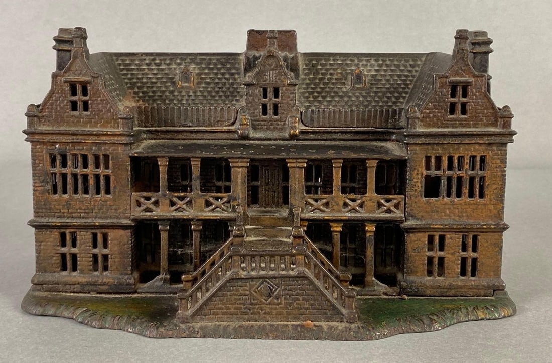 Antique Cast Iron I.B. and Co Mansion/Palace Coin Bank: Ives Blakeslee and Co., Missing key, Measures 4 3/4 x 8 x 5 1/2 inches.