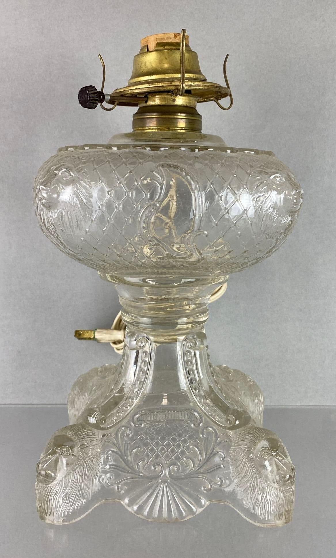 EAPG Clear Glass Lion Oil Lamp Base (1 of 6)