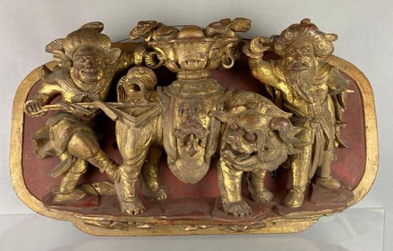 Asian Gilt Carved Battle Scene Wood Wall Plaque