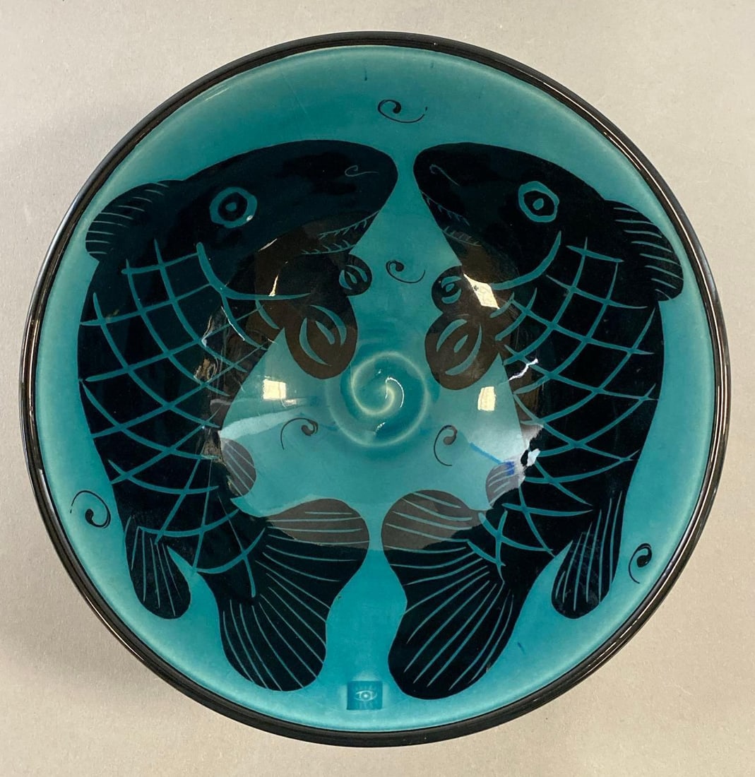 Mid-Century Modern Art Pottery Two Fish Bowl: Makers mark is on inner rim. Has crazing. Measures 3 1/2 x 8 1/2 x 8 1/2 inches.