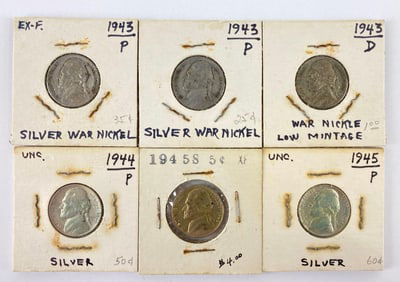 Group of 6 1943-1945 US Wartime Silver Nickels
