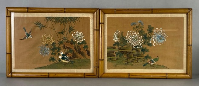 Group of 2 Chinese Bird and Floral Motif Ink Paintings